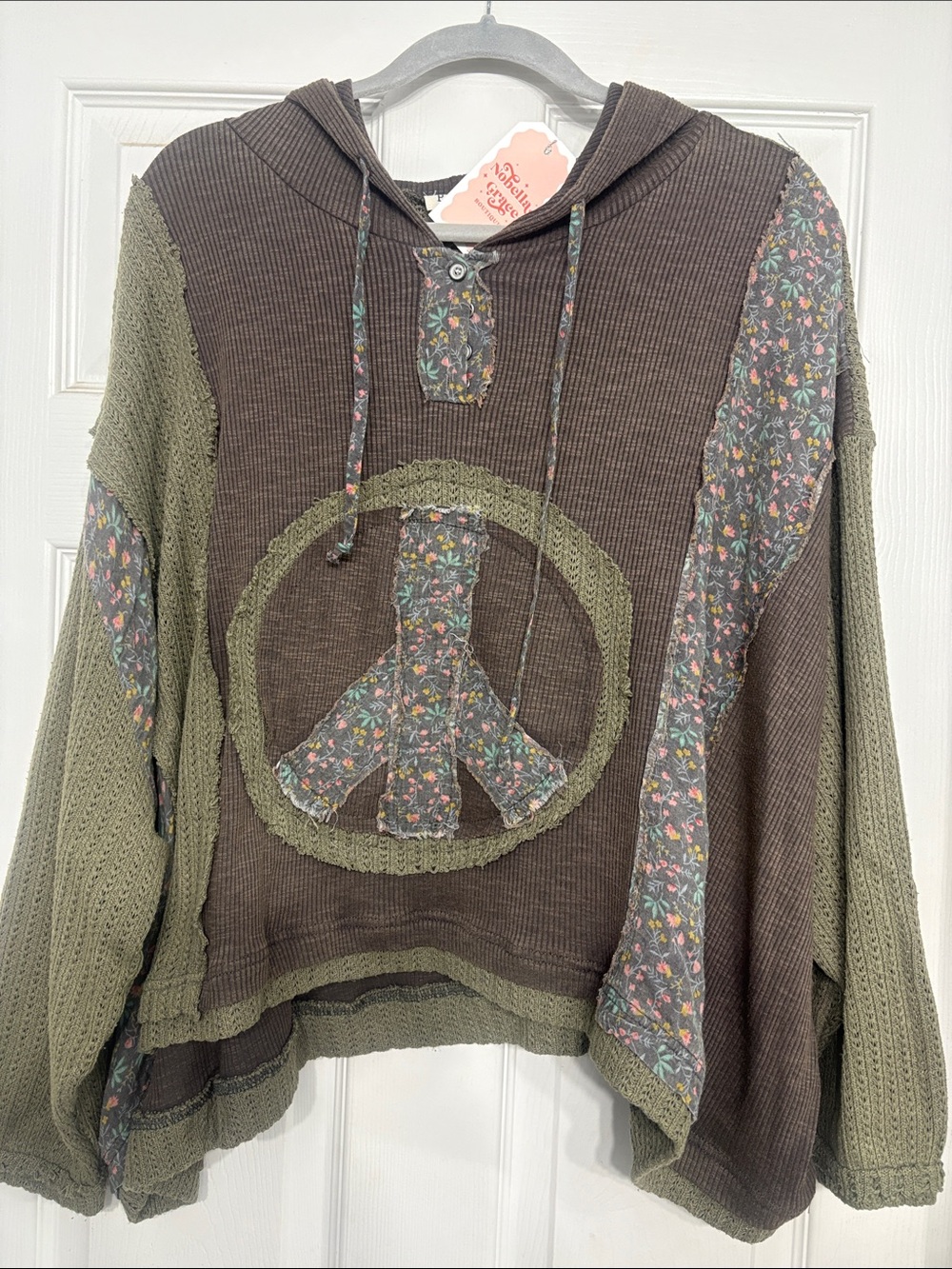 POL NEW Boho Olive & Brown Peace Sign Hooded Sweater